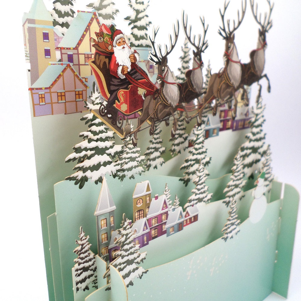 Santa's Sleigh Over Rooftops 3D Pop Up Christmas Greeting Card