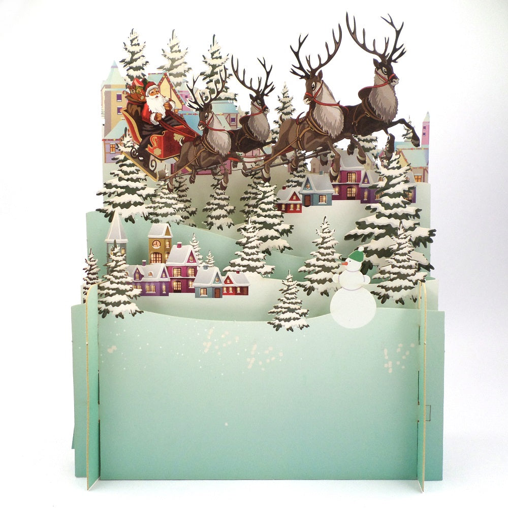 Santa's Sleigh Over Rooftops 3D Pop Up Christmas Greeting Card