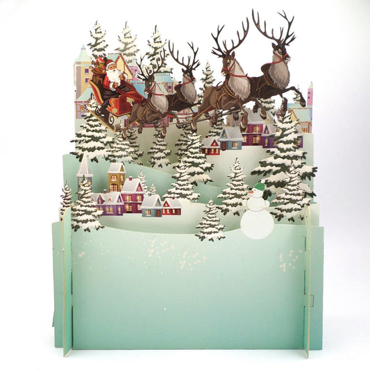 Santa's Sleigh Over Rooftops 3D Pop Up Christmas Greeting Card