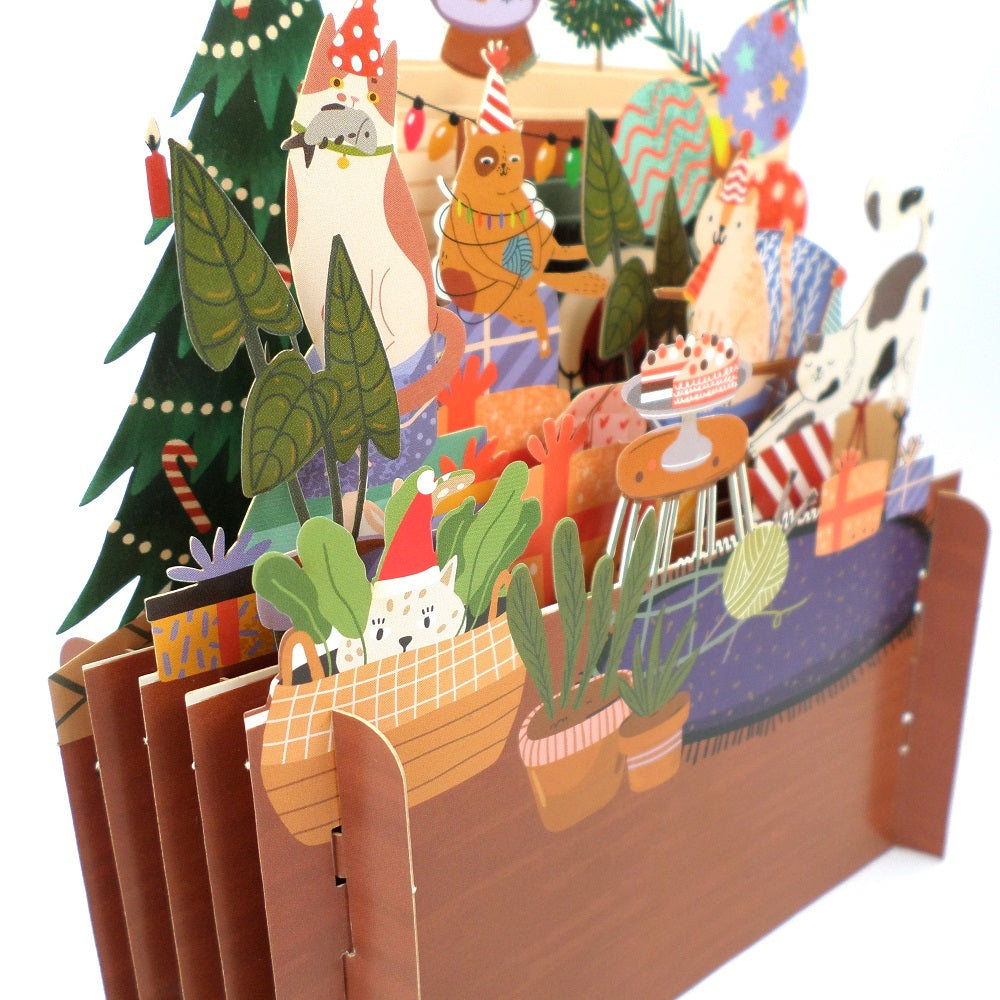 Xmas Cat Party With Presents 3D Pop Up Christmas Greeting Card