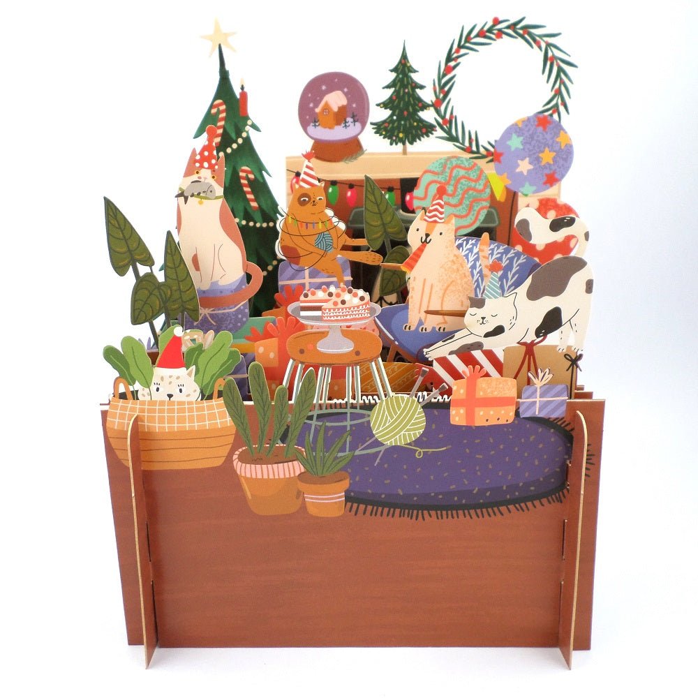 Xmas Cat Party With Presents 3D Pop Up Christmas Greeting Card