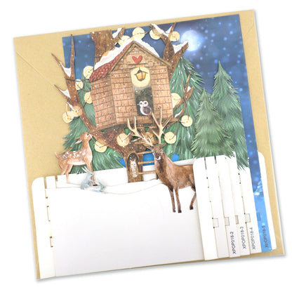 Festive Forest Animal Treehouse 3D Pop Up Christmas Greeting Card