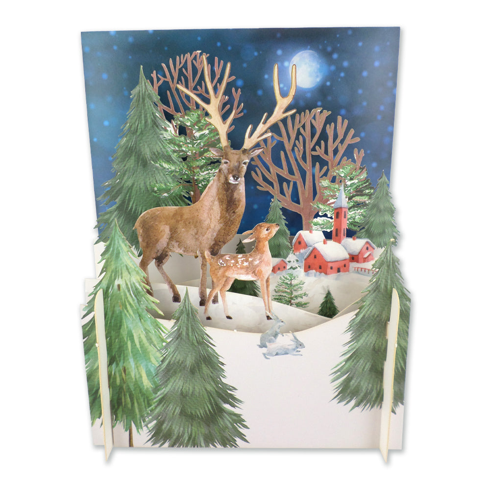 Majestic Snowy Stag & Fawn 3D Pop Up Christmas Greeting Card