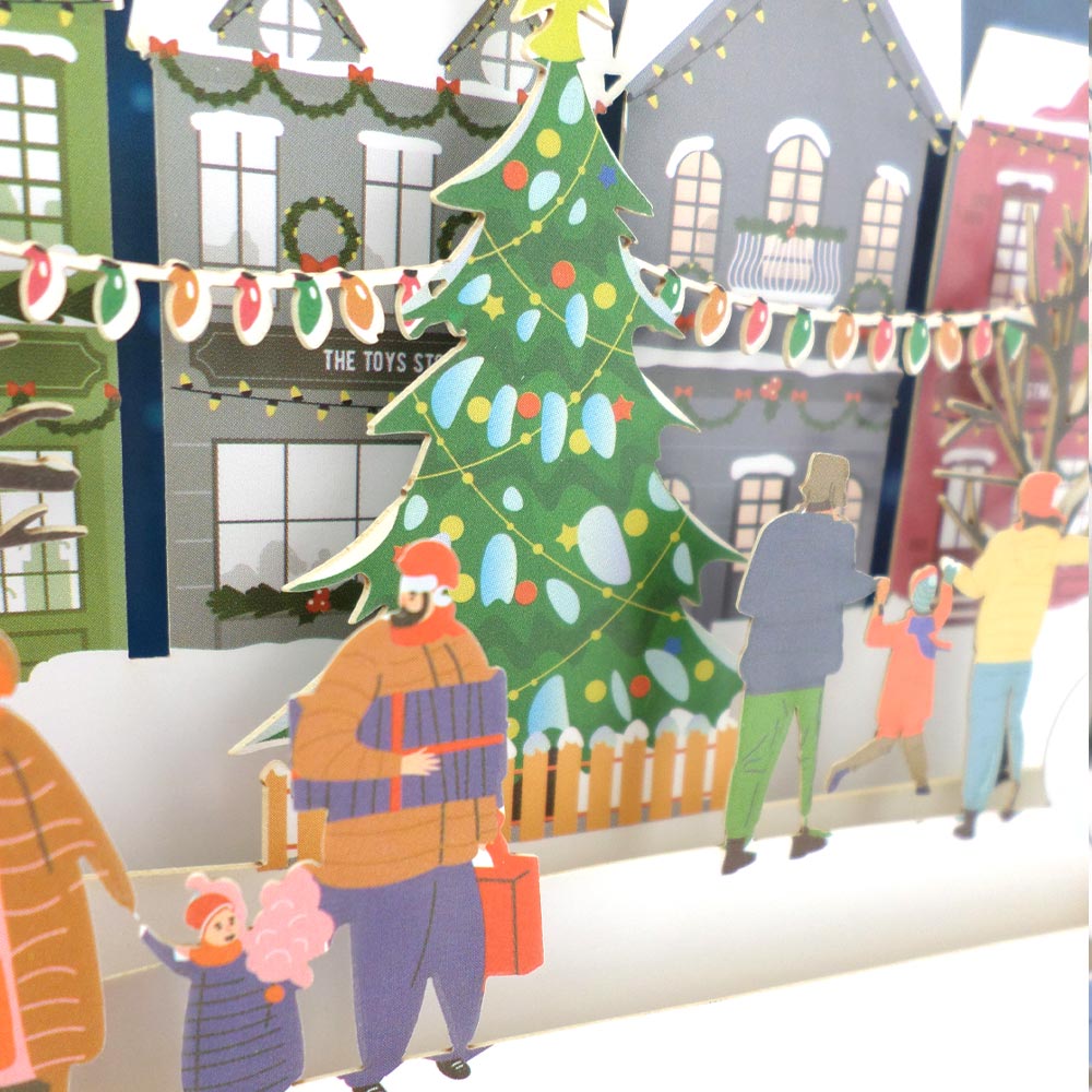 Festive Town Square Xmas Tree 3D Pop Up Christmas Greeting Card