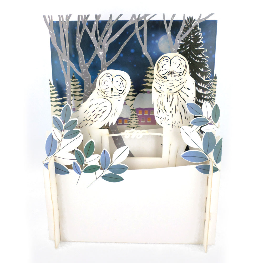 Snowy Barn Owls Surveying 3D Pop Up Christmas Greeting Card