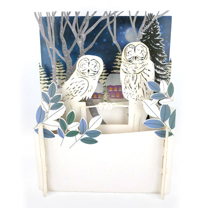 Snowy Barn Owls Surveying 3D Pop Up Christmas Greeting Card