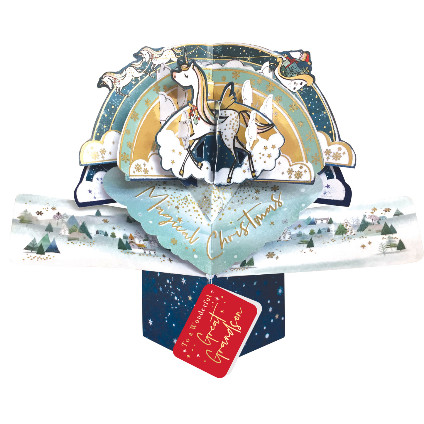 Great Grandson Christmas Card 3D Unicorn Pop Up Christmas Card