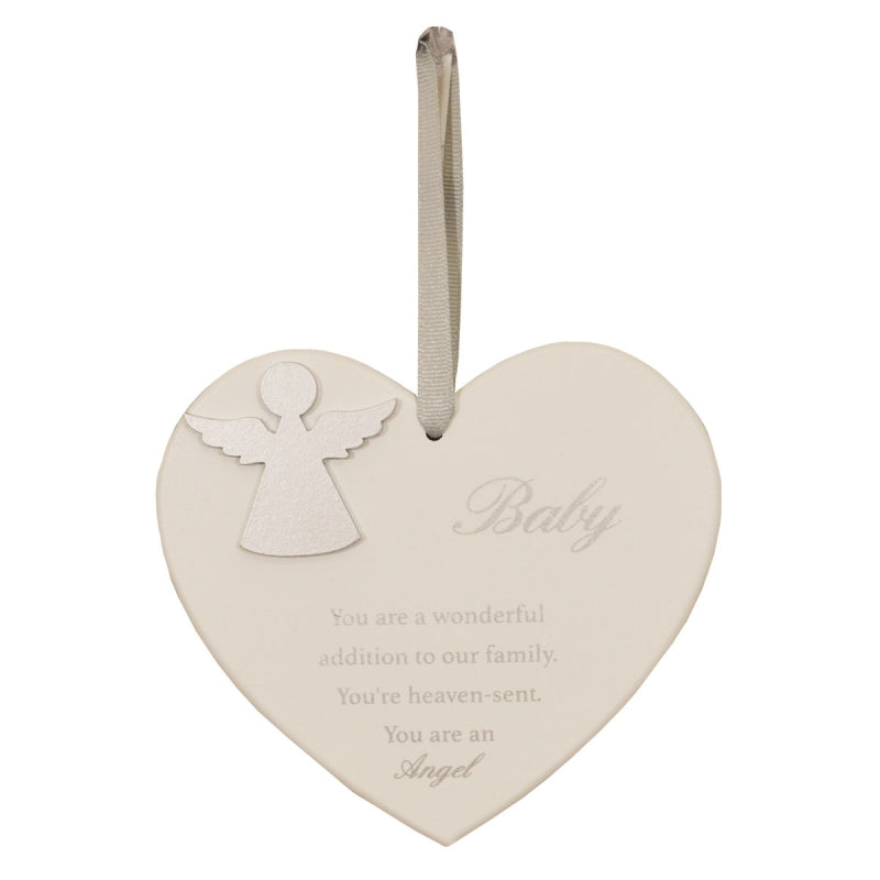 Baby Hanging Wooden Heart Shaped Guardian Angel Plaque With Ribbon