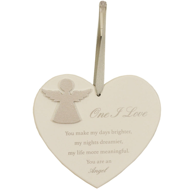 One I Love Hanging Wooden Heart Shaped Guardian Angel Plaque With Ribbon