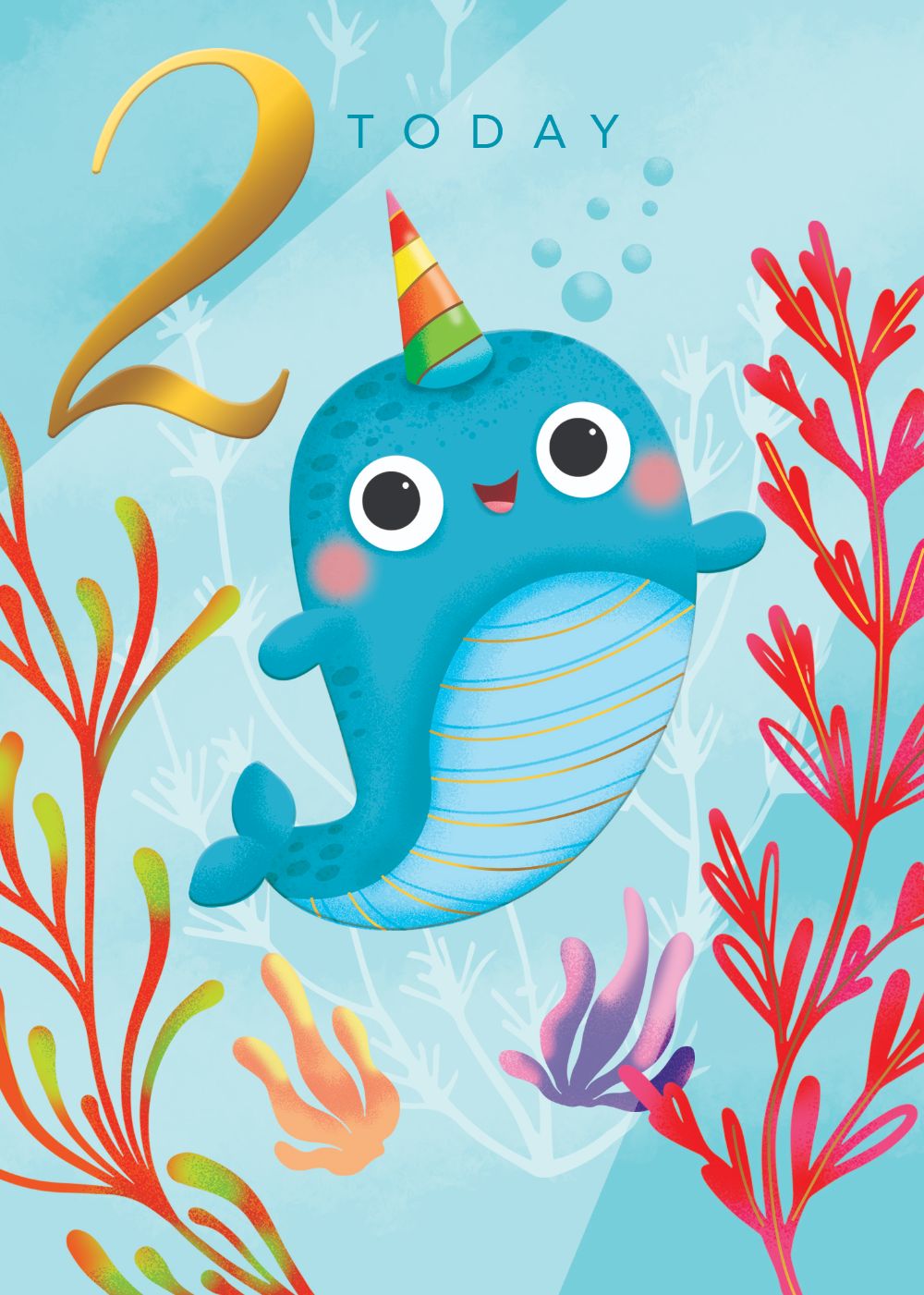 2 Today Happy Narwhal Gold Foiled 2nd Birthday Greeting Card
