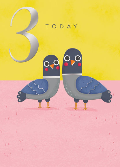 3 Today Happy Pigeons Silver Foiled 3rd Birthday Greeting Card