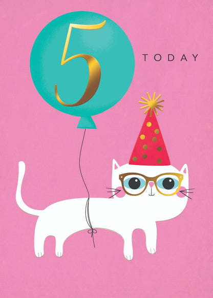 Girls 5 Today Cat Gold Foiled 5th Birthday Greeting Card