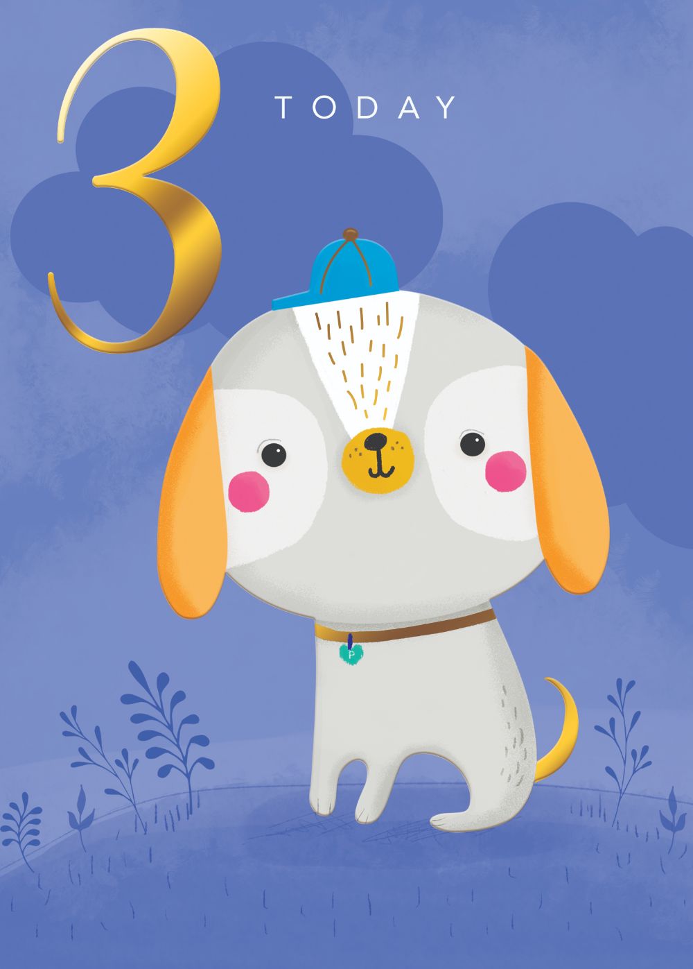 Boys 3 Today Happy Dog Gold Foiled 3rd Birthday Greeting Card